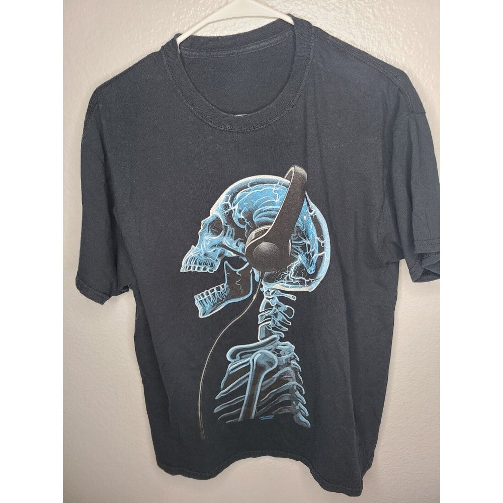 Men's Navy Blue Skull W/ Headphones Graphic Print Tee Shirt T-Shirt Large